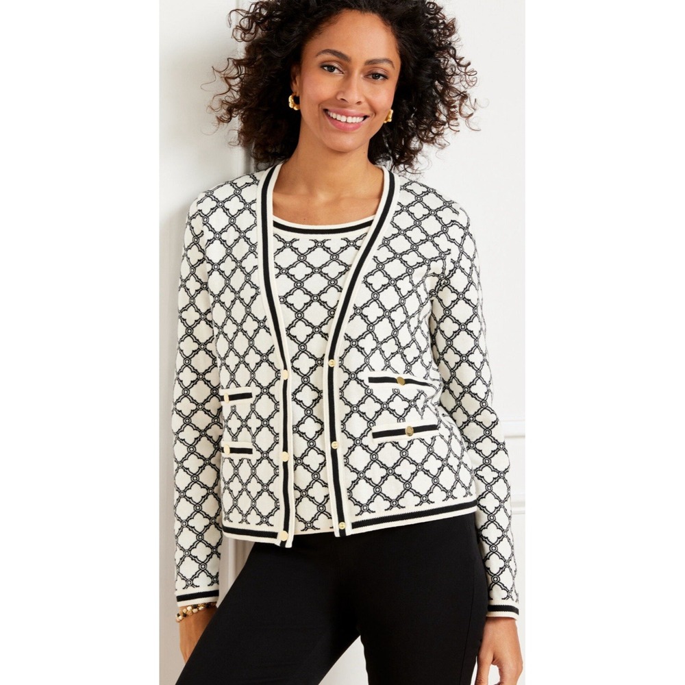 Talbots Black Cream Lattice Knit Jacquard Cardigan Old Money Quiet Luxury 2X NEW
